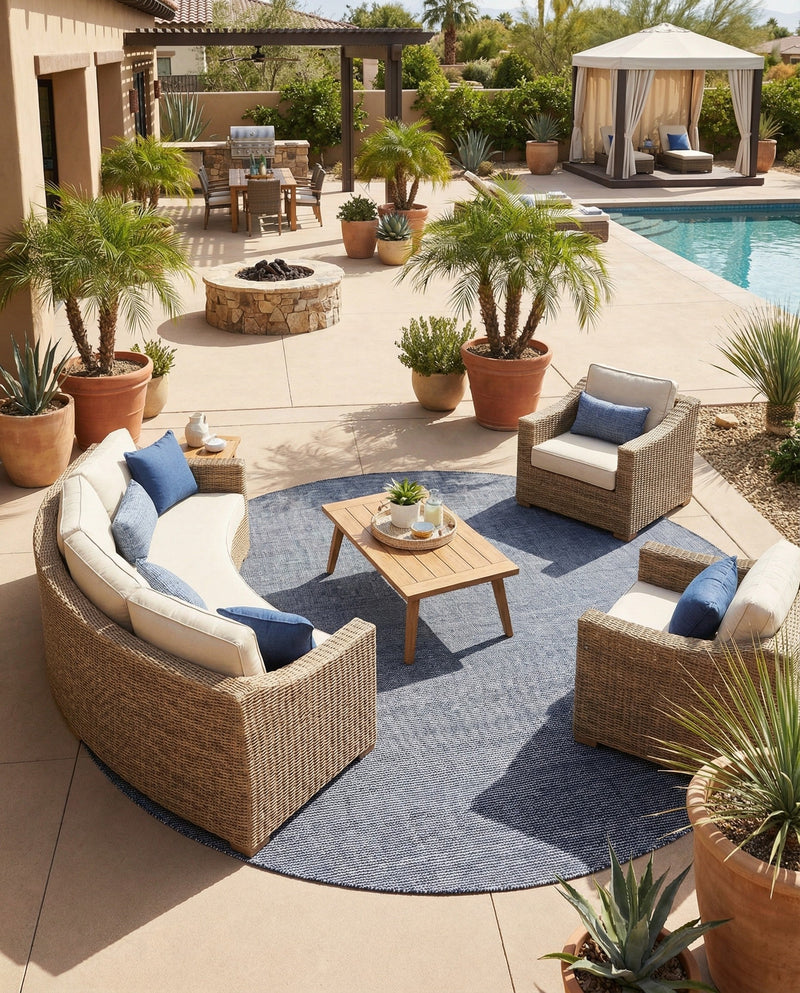 Jill Zarin Sedona Oasis Outdoor Collection Area Rug - Coconino (Navy Sky) Round Navy Sky  lifestyle 44