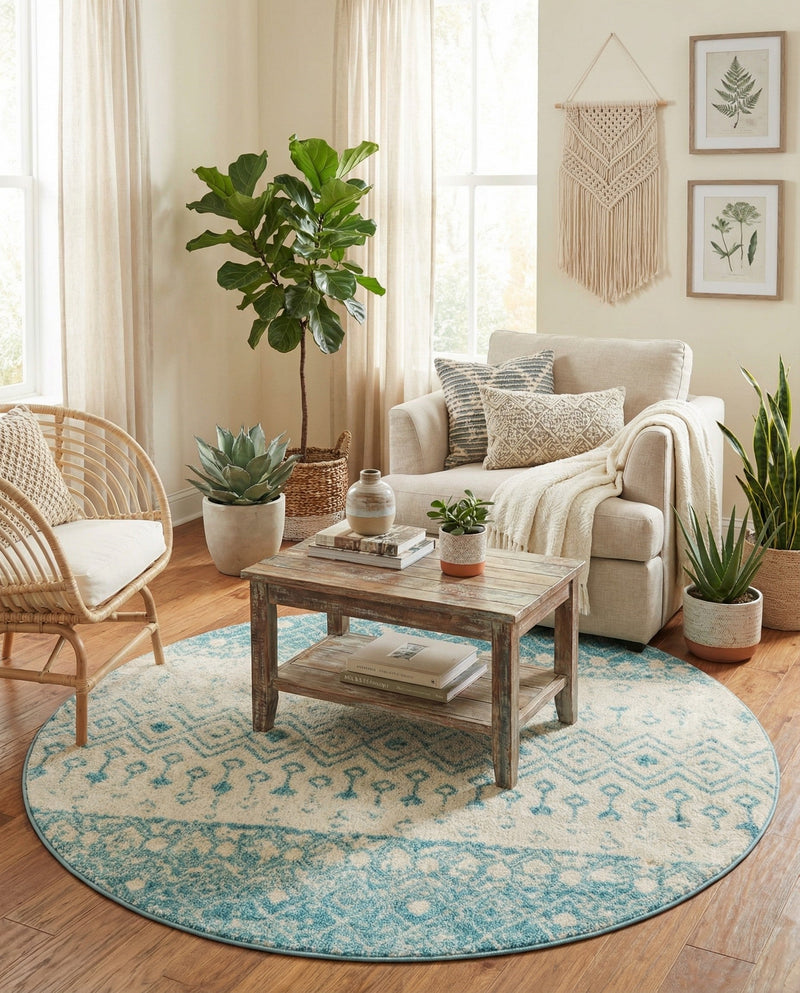 Mediterranean Lattice Collection Area Rug -  Casablanca (Ivory Blue) Round Ivory Blue  lifestyle 79