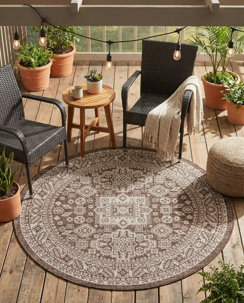 Tribal Terrace Treasures Collection Area Rug -  Incan Isle (Brown) Round Brown  lifestyle 30