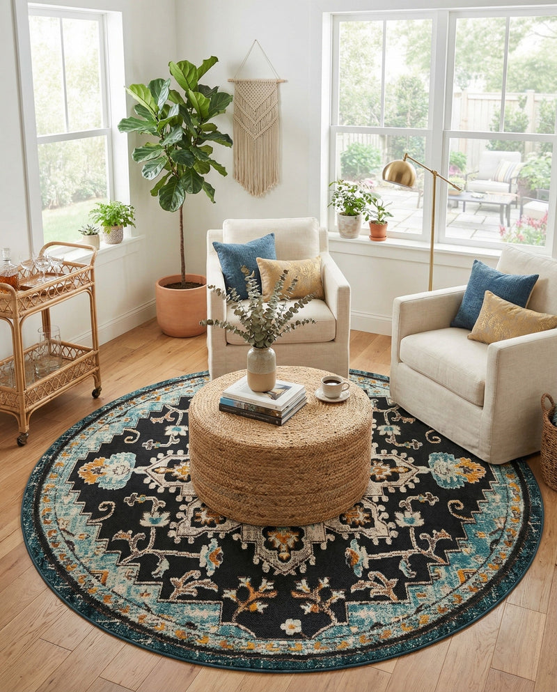 Outdoor Marrakesh Collection Area Rug -  Essaouira Round Navy Blue  lifestyle 75