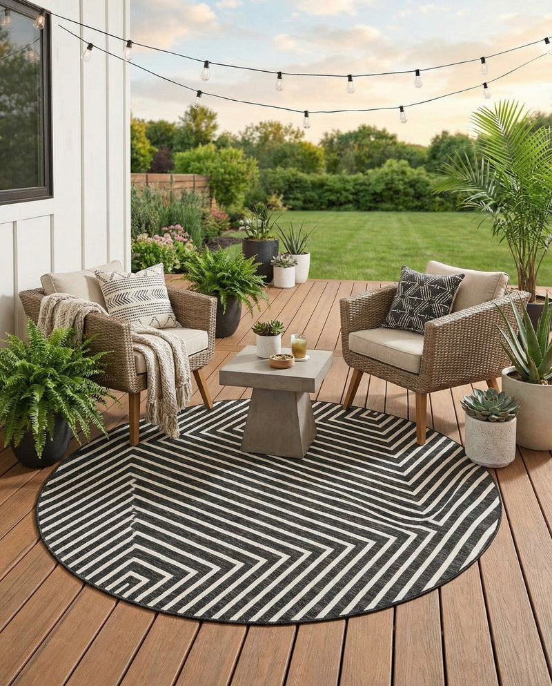 Urban Terrace Collection Area Rug -  Astoria (Black and White) Round Black and White  lifestyle 71