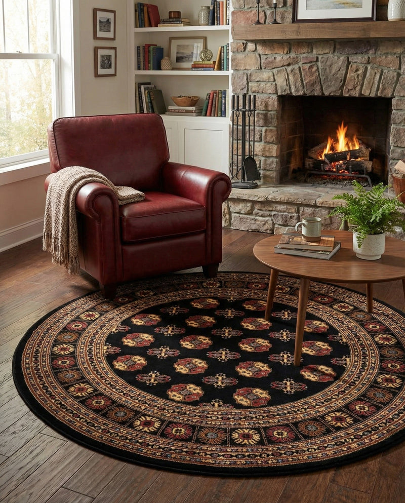 Samarkand Elegance Collection Area Rug -  Margilan (Black) Round Black  lifestyle 80
