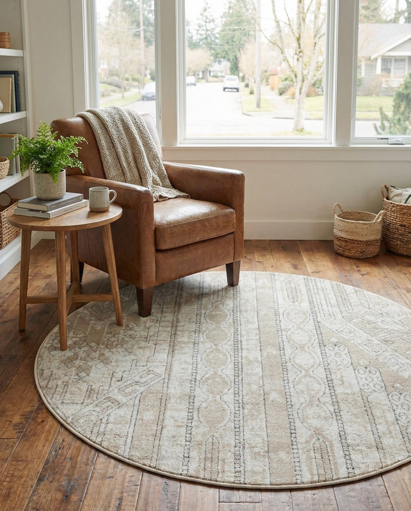 Cascade Range Collection Area Rug - Hood (Ivory) Round Ivory  lifestyle 46