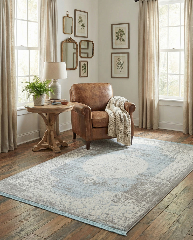 Rustic Charm Revival Collection Area Rug -  Meadowland Rectangle Light Blue  lifestyle 42
