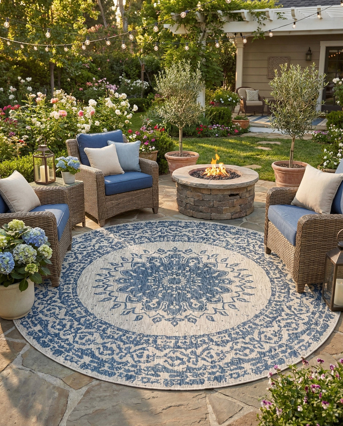 Patio Heritage Collection Area Rug -  Lafayette (Blue) Round Blue  lifestyle 67