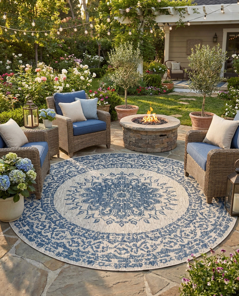 Patio Heritage Collection Area Rug -  Lafayette (Blue) Round Blue  lifestyle 67