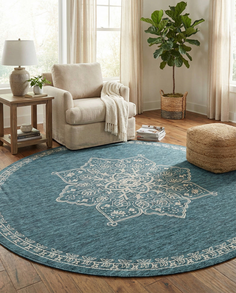 Patio Heritage Collection Area Rug -  Charleston (Teal) Round Teal  lifestyle 71