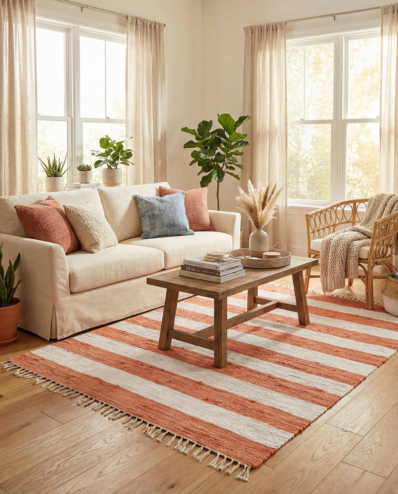 Tassel Trail Collection Area Rug - Pathway (Coral and Ivory) Rectangle Coral and Ivory  lifestyle 8