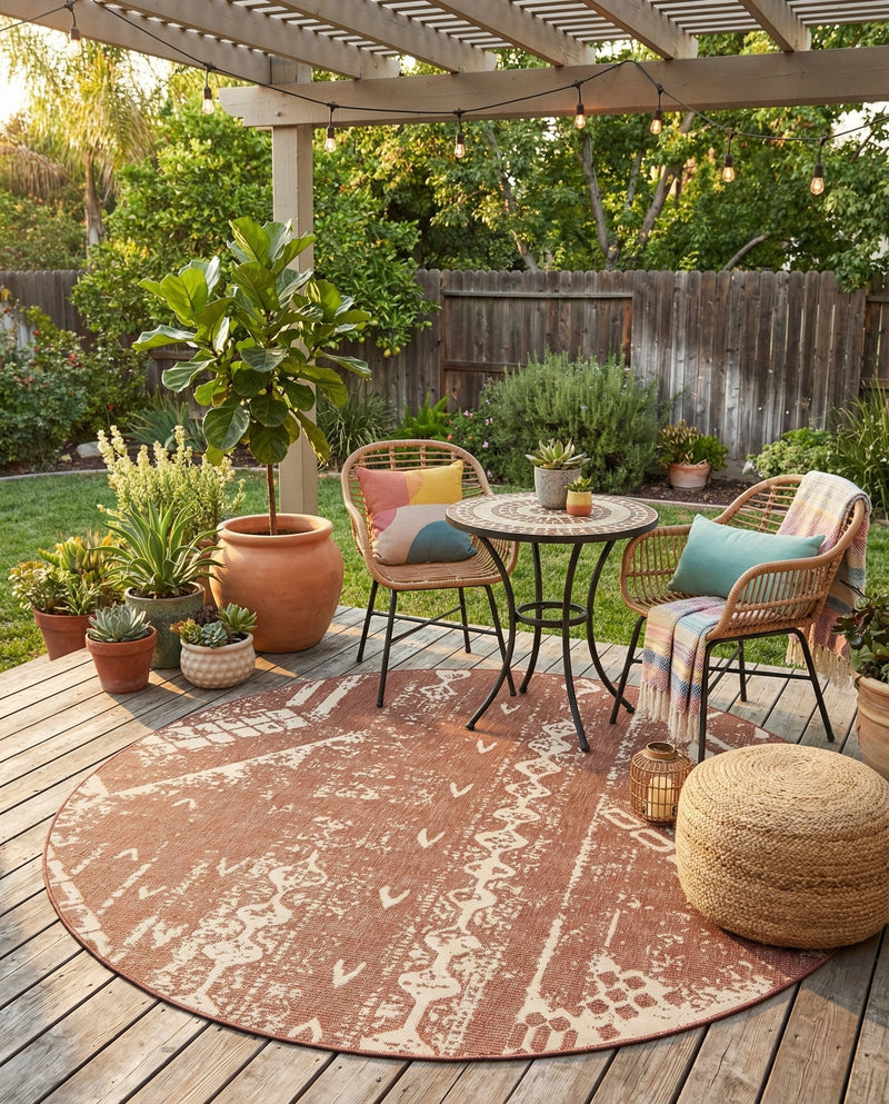 Desert Nomad Terrace Collection Area Rug - Sahara (Rust Red) Round Rust Red  lifestyle 64