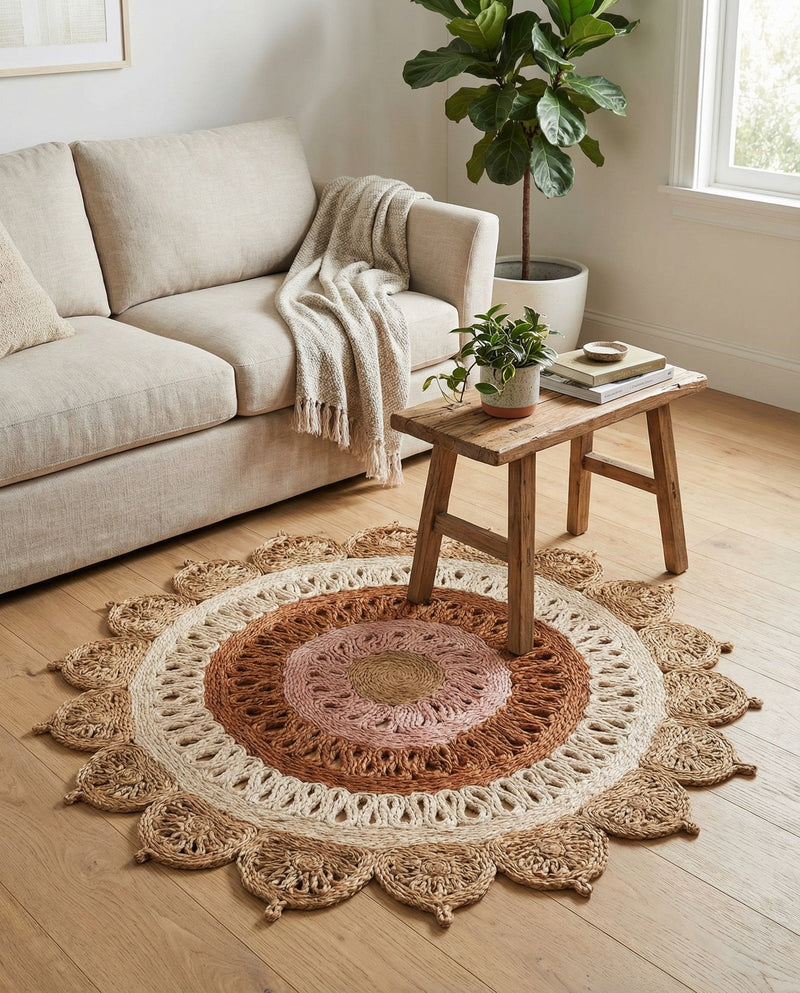Woven Seaside Jute Collection Area Rug - Coastalhaven (Natural White Orange Pink) Round Natural White Orange Pink  lifestyle 14
