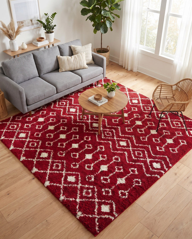 Berber Lattice Shag Collection Area Rug - Atlas (Burgundy Red) Square Burgundy Red  lifestyle 75