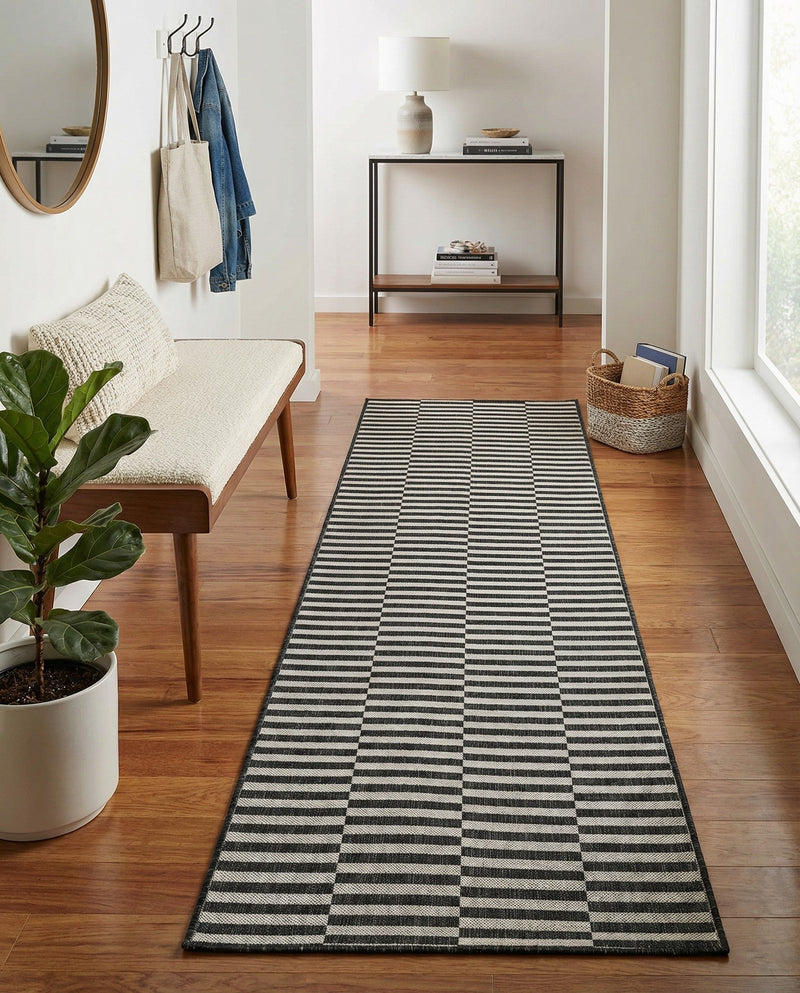 Seaside Stripes Collection Area Rug - Cabana (Charcoal) Runner Charcoal  lifestyle 76