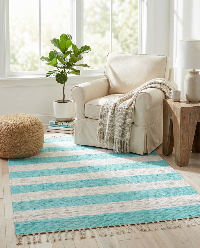 Tassel Trail Collection Area Rug - Pathway (Turquoise and Ivory) Rectangle Turquoise and Ivory  lifestyle 16
