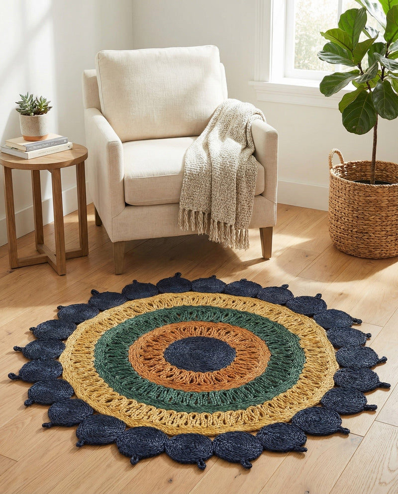 Woven Seaside Jute Collection Area Rug - Coastalhaven (Navy Blue Yellow Green) Round Navy Blue Yellow Green  lifestyle 15
