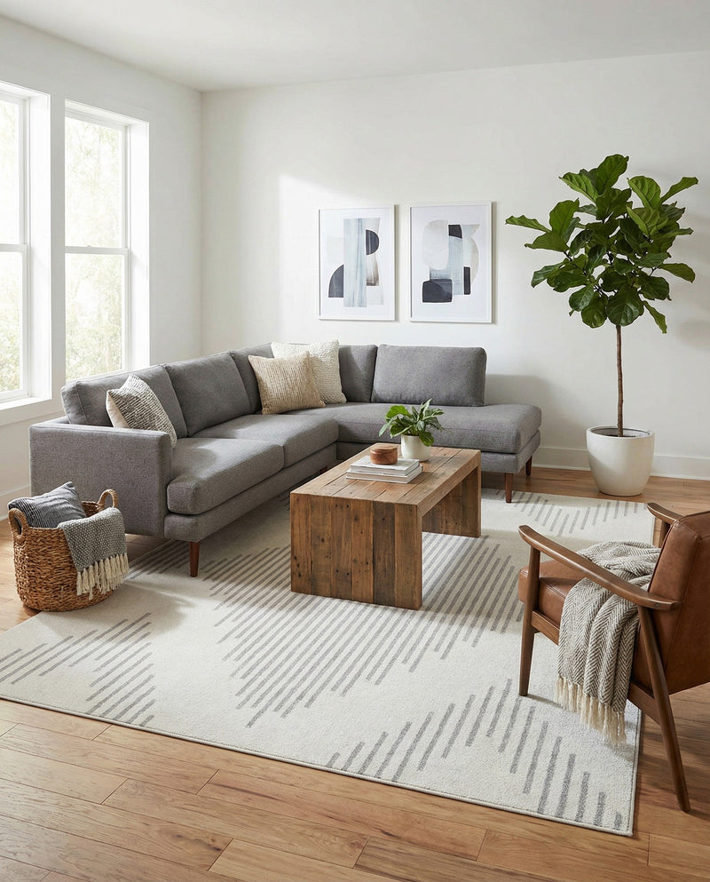 Seychelles Stripes Collection Area Rug - Mahe (Ivory and Gray) Rectangle Ivory and Gray  lifestyle 21