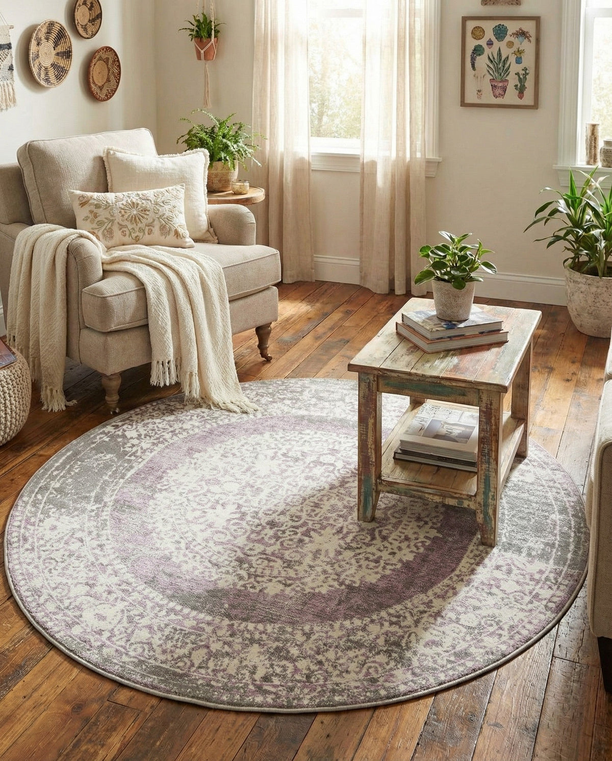 Rustic Charm Revival Collection Area Rug -  Meadowland Round Purple  lifestyle 143