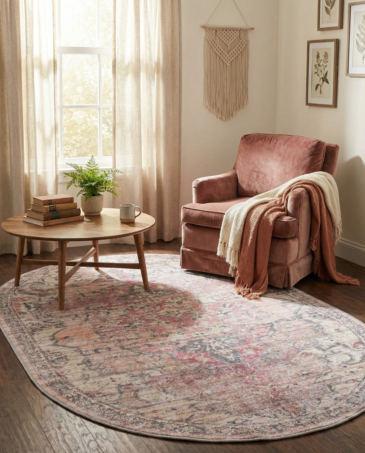 Vintage Memories Collection Area Rug - Echoes Oval Beige pink  lifestyle 100