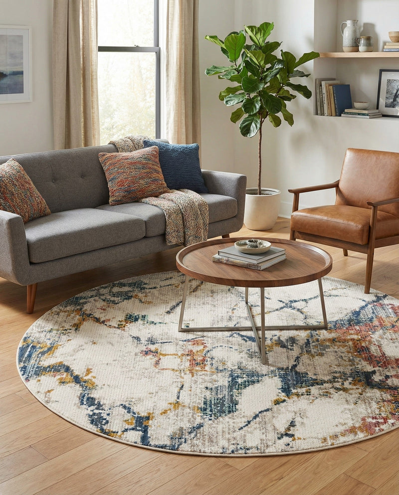 Jewel Oasis Collection Area Rug -  Opaline Round White Navy  lifestyle 76
