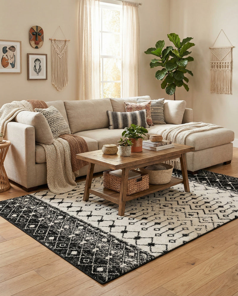 Mediterranean Lattice Collection Area Rug -  Casablanca (Black and White) Rectangle Black and White  lifestyle 16