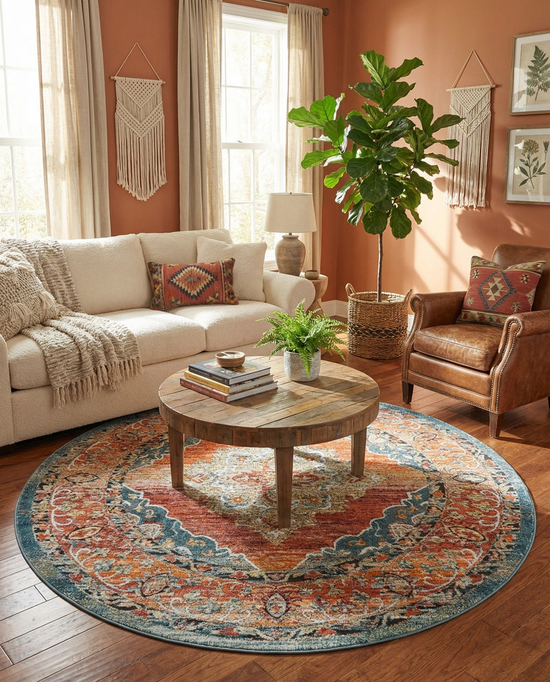 Savannah Soiree Collection Area Rug - Serengeti (Rust Red) Round Rust Red  lifestyle 80