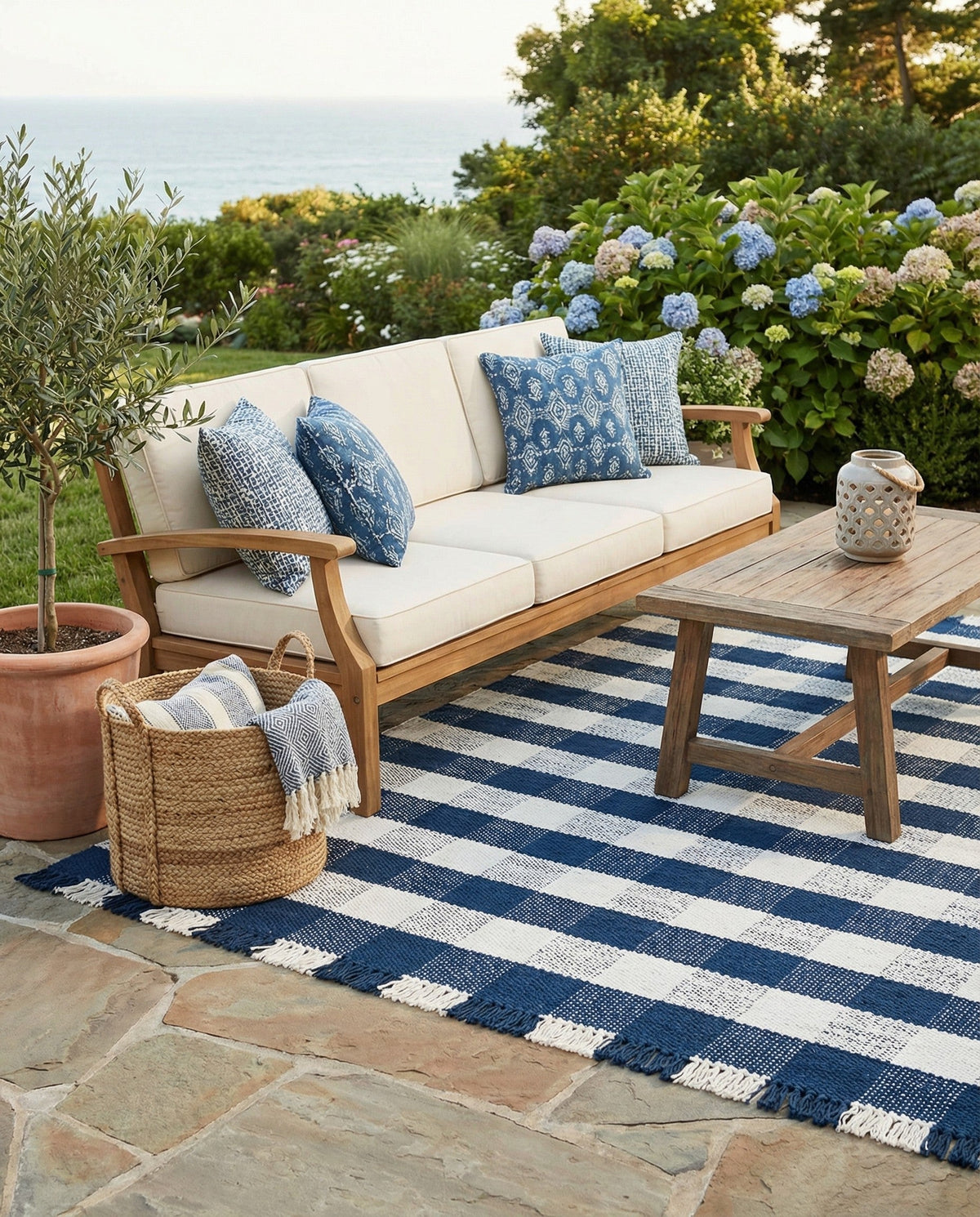 Sustainable Grid Indoor-Outdoor Oasis Collection Area Rug - Savannah Square Navy Blue  lifestyle 185