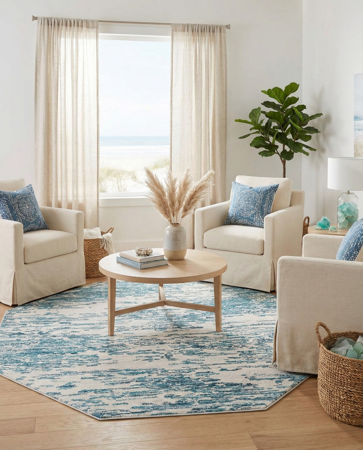 Serenity Sands Collection Area Rug - Dunescape Octagon Blue  lifestyle 150