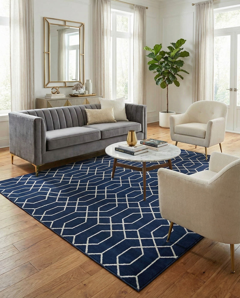 Hollywood Luxe Collection Area Rug - Sunset (Navy Blue Silver) Rectangle Navy Blue Silver  lifestyle 9