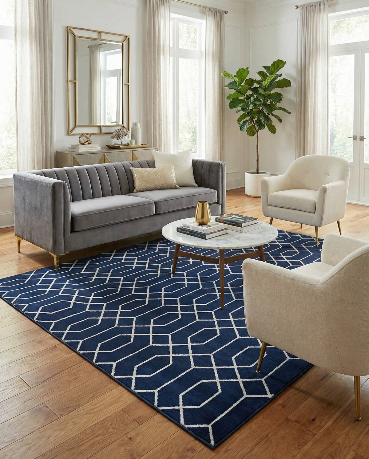 Hollywood Luxe Collection Area Rug - Sunset Rectangle Navy Blue and Silver  lifestyle 92