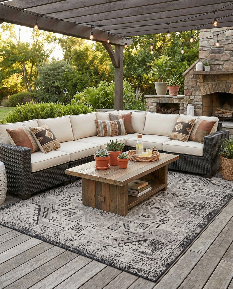 Tribal Terrace Treasures Collection Area Rug - Mayan Marina (Charcoal Gray) Rectangle Charcoal Gray  lifestyle 48