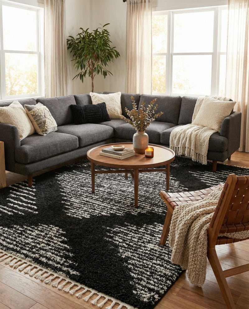 Tranquil Tides Shag Collection Area Rug -  Azure Rectangle Black and White  lifestyle 29