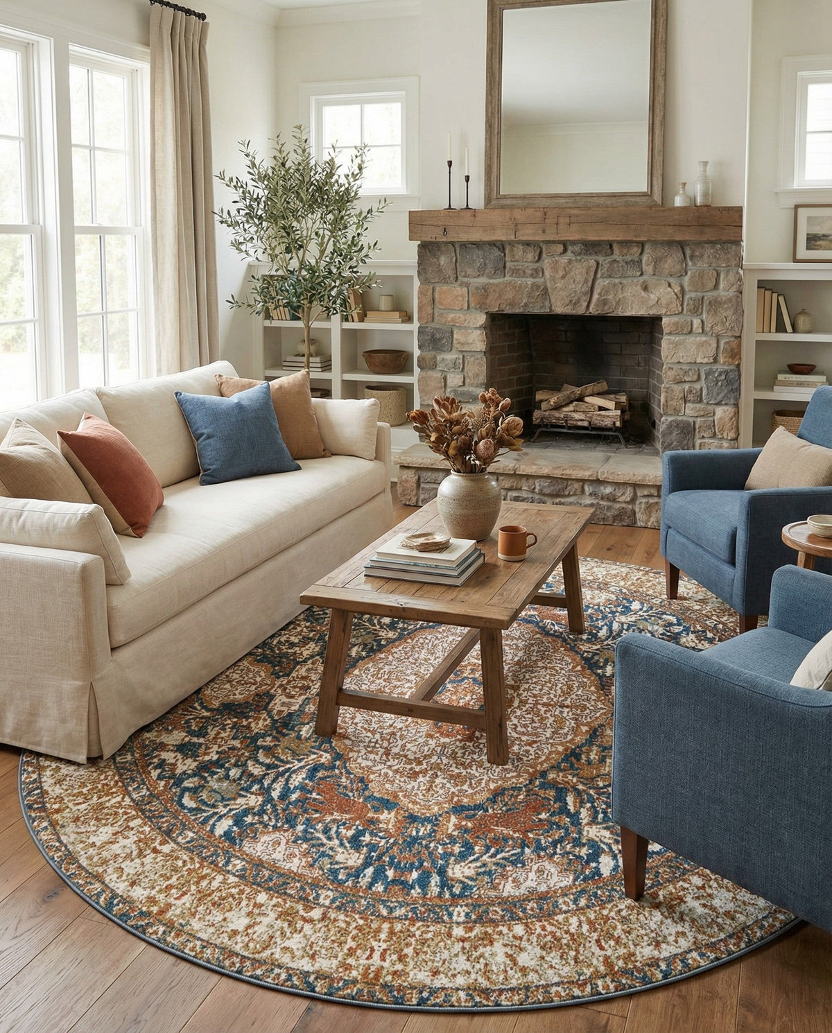 Patio Heritage Collection Area Rug -  Courtyard Round Navy Blue and Light Pink  lifestyle 100