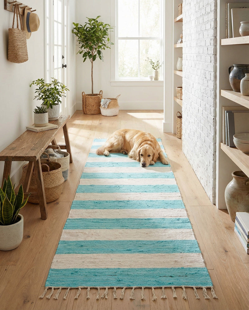 Tassel Trail Collection Area Rug - Pathway (Turquoise and Ivory) Runner Turquoise and Ivory  lifestyle 56