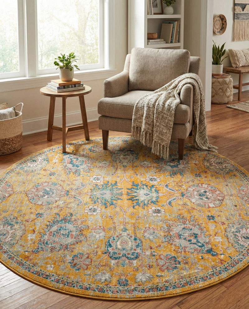 Seville Stripes Collection Area Rug -  Cordoba (Yellow) Round Yellow  lifestyle 18