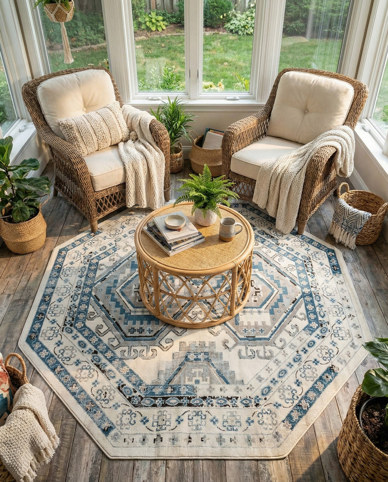 Savannah Elegance Collection Area Rug -  Tybee (Ivory Aqua) Octagon Ivory Aqua  lifestyle 42