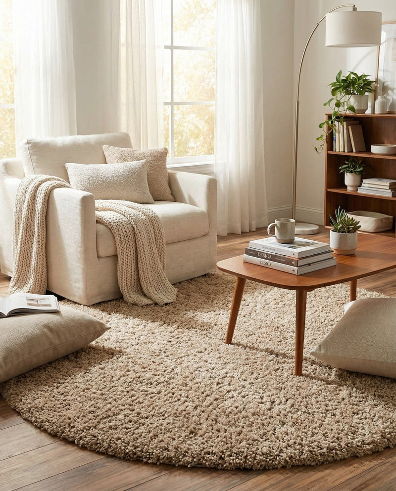 Plush Oasis Collection Area Rug - Serenity (Taupe) Round Taupe  lifestyle 61