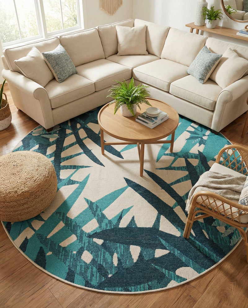 Seaside Blooms Collection Area Rug -  Provence Round Teal blue  lifestyle 19