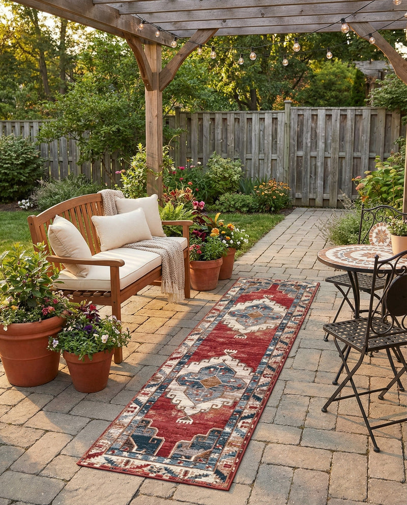 Patio Heritage Collection Area Rug -  Alcove Runner Red and Navy Blue  lifestyle 76