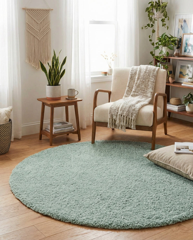 Cozy Comfort Shag Collection Area Rug - Haven (Sage Green) Round Sage Green  lifestyle 32