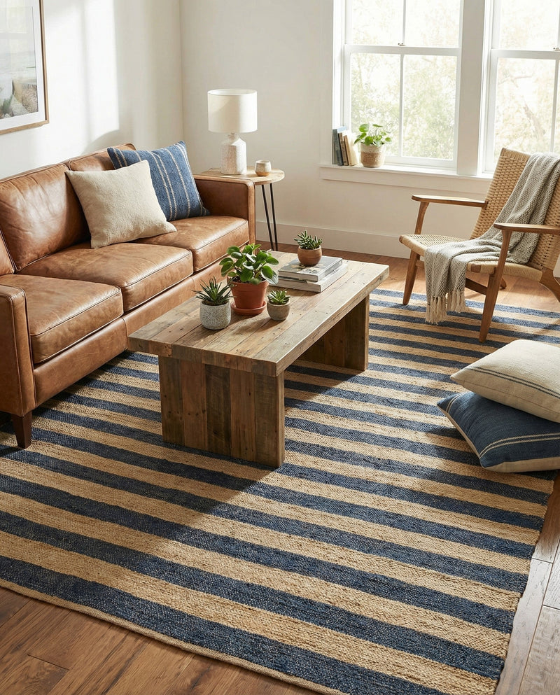 Woven Seaside Jute Collection Area Rug - Nantucket Rectangle Navy Ivory  lifestyle 25