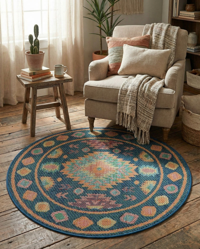 Coastal Terrace Collection Area Rug -  Dunes Round Navy Blue  lifestyle 75