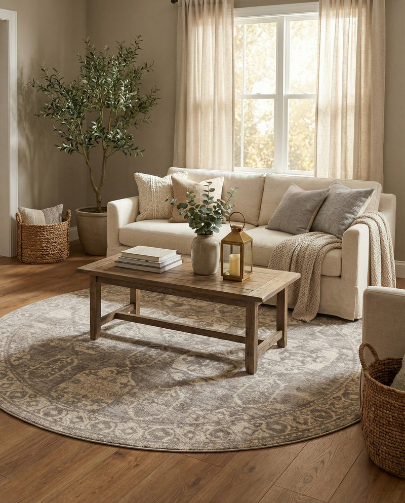 Seville Stripes Collection Area Rug -  Granada (Gray) Round Gray  lifestyle 78