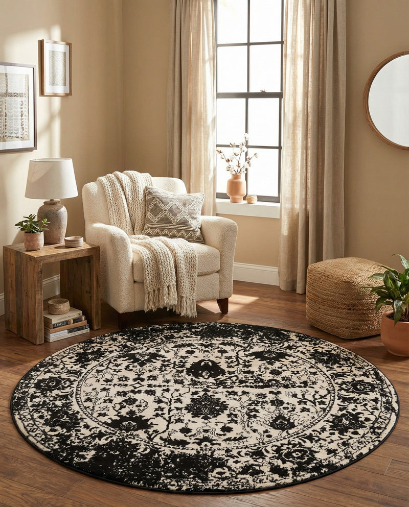 Cascade Range Collection Area Rug -  Shasta (Black and White) Round Black and White  lifestyle 45