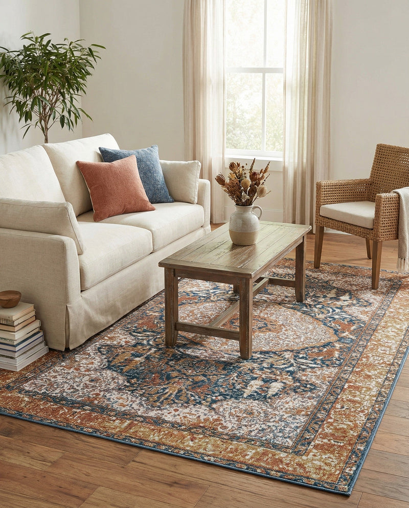 Patio Heritage Collection Area Rug -  Courtyard Rectangle Navy Blue and Light Pink  lifestyle 9