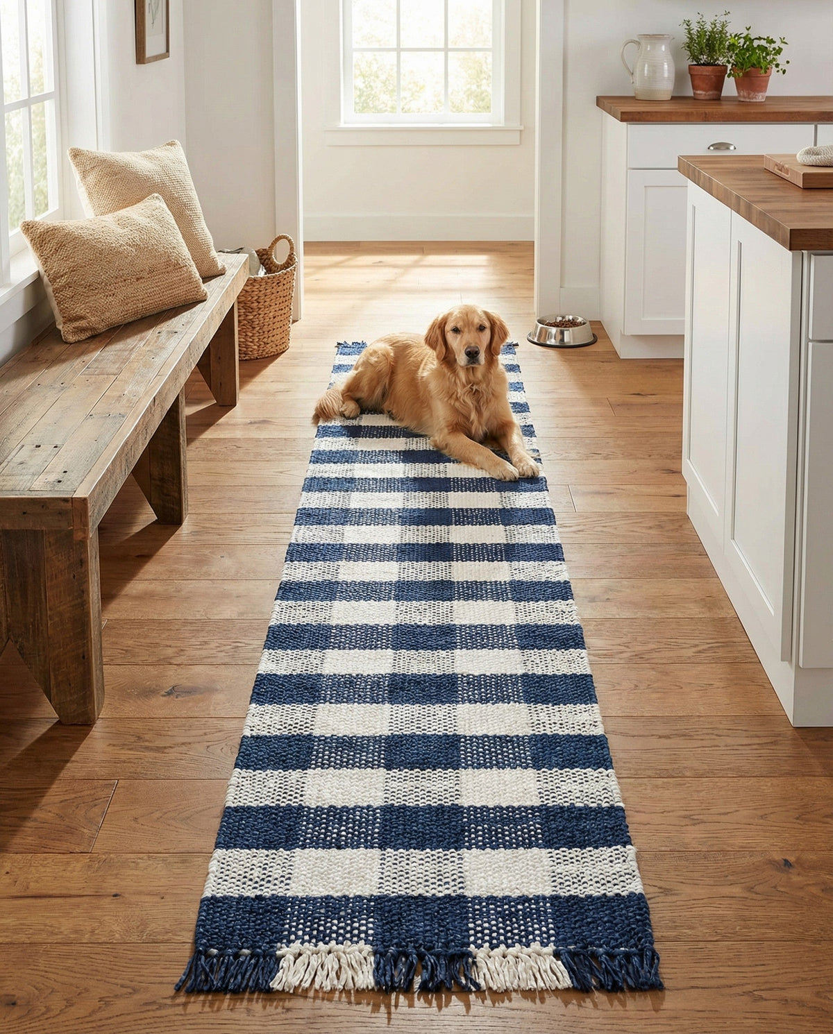 Sustainable Grid Indoor-Outdoor Oasis Collection Area Rug - Savannah Runner Navy Blue  lifestyle 204