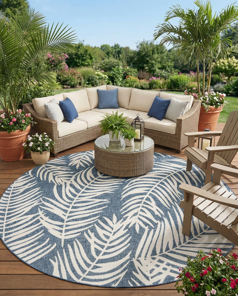 Seaside Blooms Collection Area Rug - Verdure (Blue) Round Blue  lifestyle 62