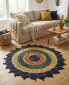 Woven Seaside Jute Collection Area Rug - Coastalhaven (Navy Blue Yellow Green) Round Navy Blue Yellow Green  lifestyle 36