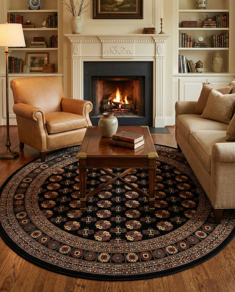 Samarkand Elegance Collection Area Rug -  Margilan (Black) Round Black  lifestyle 77