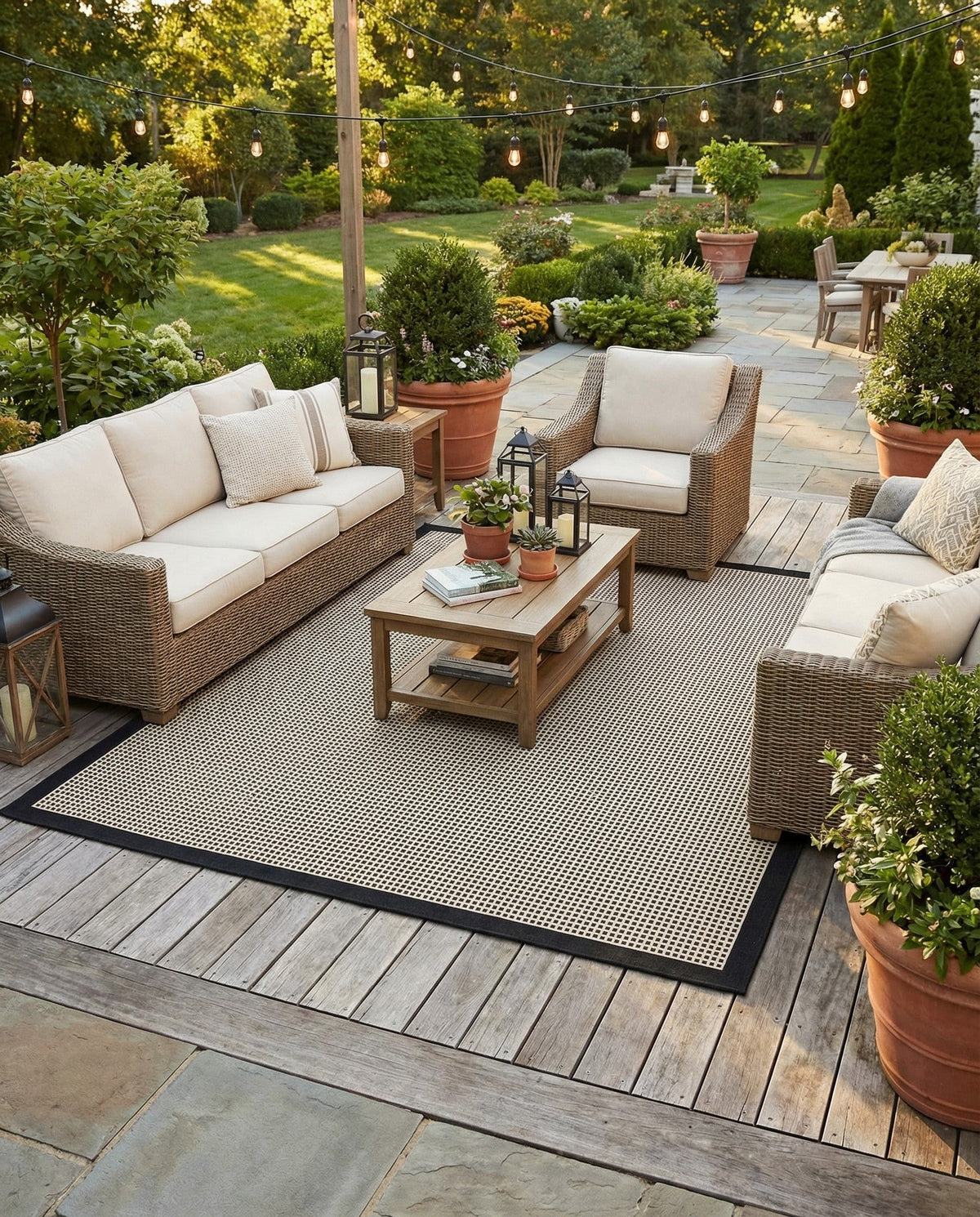 Terrace Fringe Collection Area Rug - Oceanside Square Black  lifestyle 182