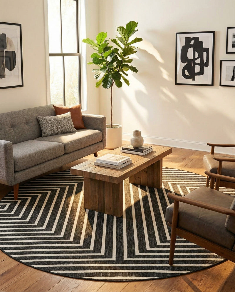 Urban Terrace Collection Area Rug -  Astoria (Black and White) Round Black and White  lifestyle 72