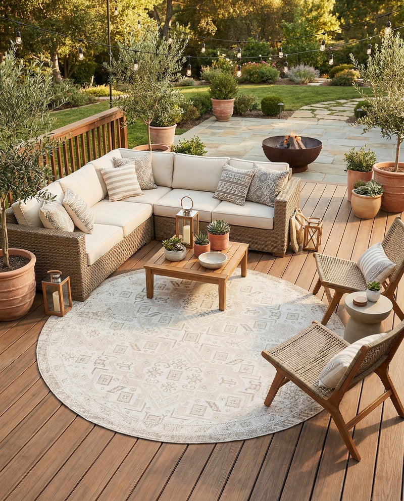 Tribal Terrace Treasures Collection Area Rug - Mayan Marina (Light Gray) Round Light Gray  lifestyle 23